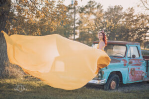 Large yellow dress flowing in the wind