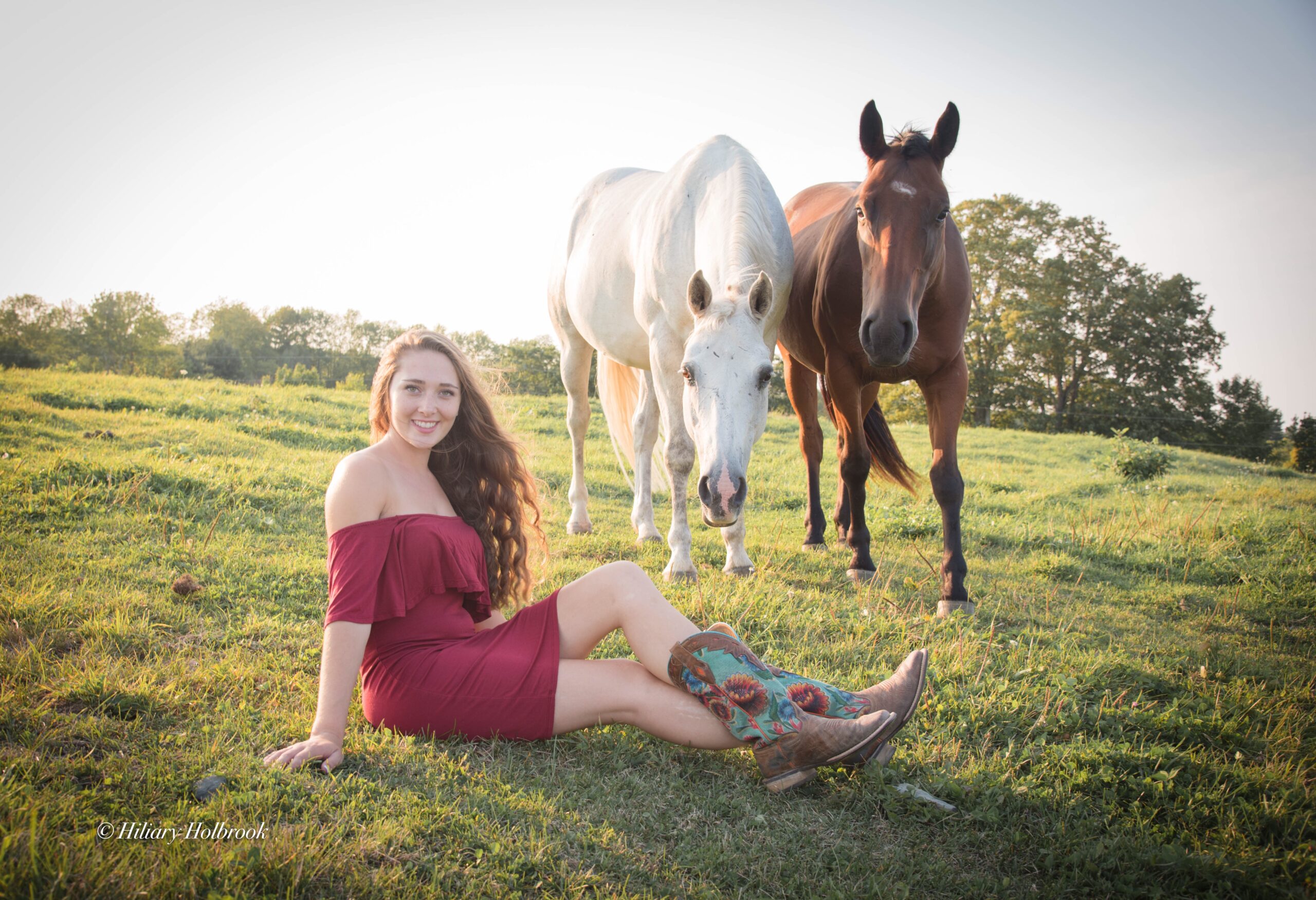 a woman sitting in a field with two horses for photography session